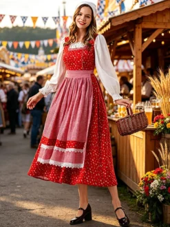 Robe Dirndl rouge vintage à fleurs idéale pour l'Oktoberfest.