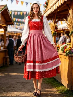 Robe Dirndl rouge vintage à fleurs idéale pour l'Oktoberfest.