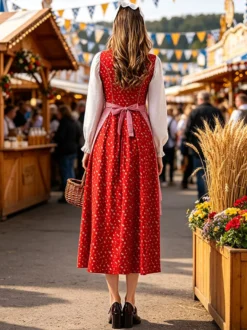 Robe Dirndl rouge vintage à fleurs idéale pour l'Oktoberfest.