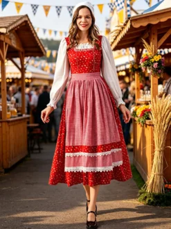 Robe Dirndl rouge vintage à fleurs idéale pour l'Oktoberfest.