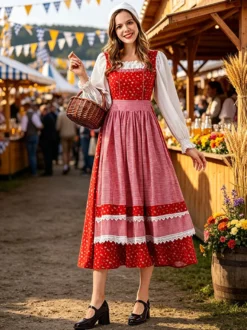 Robe Dirndl rouge vintage à fleurs idéale pour l'Oktoberfest.