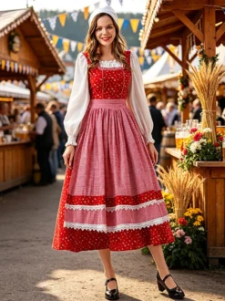 Robe Dirndl rouge vintage à fleurs idéale pour l'Oktoberfest.
