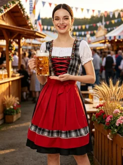 Robe Dirndl rouge vintage à fleurs costume d'Oktoberfest