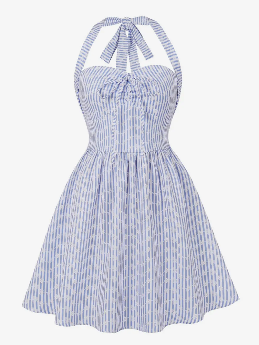 Robe d'été trapèze à rayures col halter et imprimé floral pour femme 2026