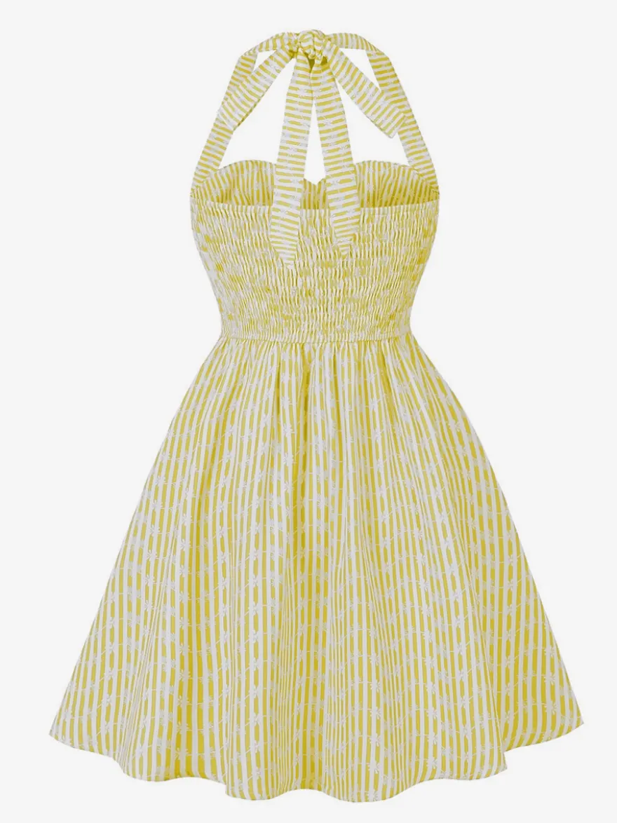 Robe d'été trapèze à rayures col halter et imprimé floral pour femme 2026