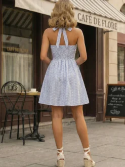 Robe d'été trapèze à rayures col halter et imprimé floral pour femme 2026