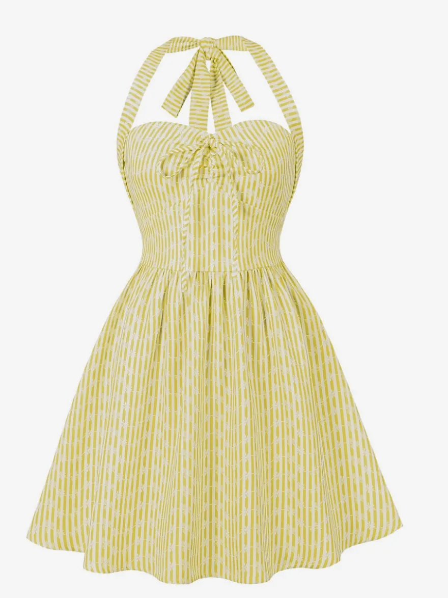 Robe d'été trapèze à rayures col halter et imprimé floral pour femme 2026