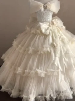 Robe Fairy Lolita Champagne à nœud sur le devant épaules dénudées style tea party.
