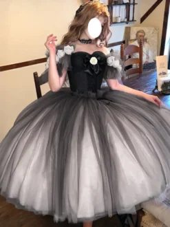 Robe Fairy Lolita à décolleté cœur manches courtes en tulle fleuri robe Sweet Lolita pour tea party