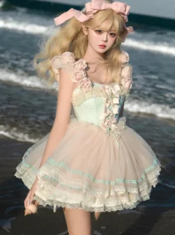 Robe Fairy Lolita rose à fleurs de rose robe courte en tulle à volants et style Sweet Lolita