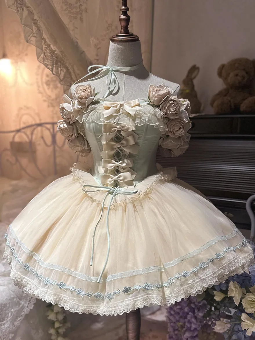 Robe Fairy Lolita rose à fleurs de rose robe courte en tulle à volants et style Sweet Lolita