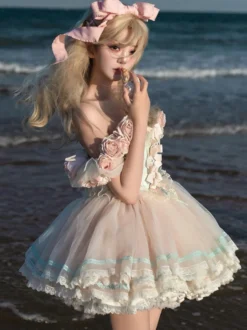 Robe Fairy Lolita rose à fleurs de rose robe courte en tulle à volants et style Sweet Lolita