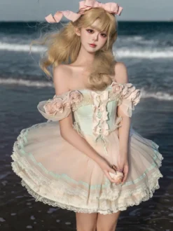 Robe Fairy Lolita rose à fleurs de rose robe courte en tulle à volants et style Sweet Lolita