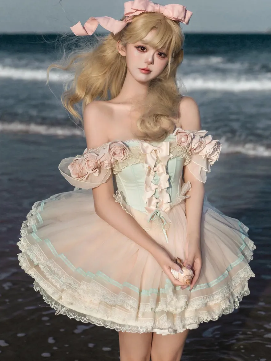 Robe Fairy Lolita rose à fleurs de rose robe courte en tulle à volants et style Sweet Lolita