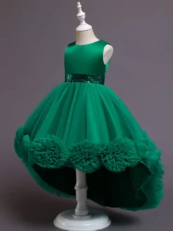 Robe fille de fleur asymétrique en tulle col rond noeud sur dos robe cortège enfant