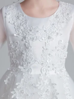 Robe fille de fleur blanche en tulle col rond manche longue transparent à la cheville robe cortège enfant