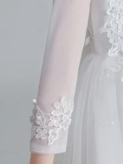 Robe fille de fleur blanche en tulle col rond manche longue transparent à la cheville robe cortège enfant