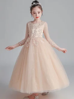 Robe fille de fleur blanche en tulle col rond manche longue transparent à la cheville robe cortège enfant