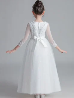 Robe fille de fleur blanche en tulle col rond manche longue transparent à la cheville robe cortège enfant