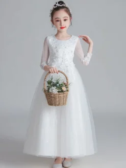 Robe fille de fleur blanche en tulle col rond manche longue transparent à la cheville robe cortège enfant