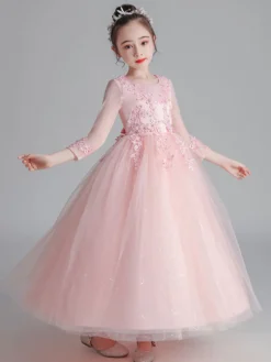 Robe fille de fleur blanche en tulle col rond manche longue transparent à la cheville robe cortège enfant