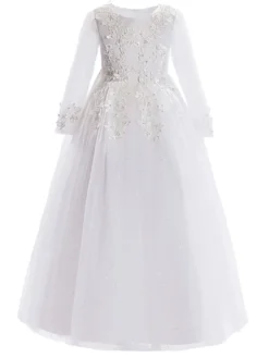 Robe fille de fleur blanche en tulle col rond manche longue transparent à la cheville robe cortège enfant