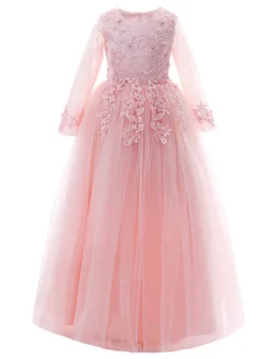 Robe fille de fleur blanche en tulle col rond manche longue transparent à la cheville robe cortège enfant