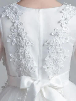 Robe fille de fleur blanche en tulle col rond manche longue transparent à la cheville robe cortège enfant