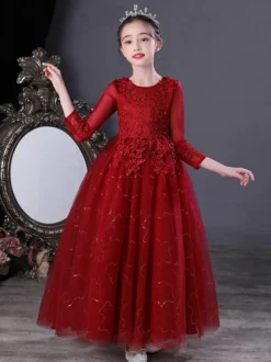 Robe fille de fleur blanche en tulle col rond manche longue transparent à la cheville robe cortège enfant