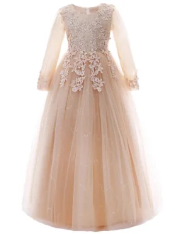 Robe fille de fleur blanche en tulle col rond manche longue transparent à la cheville robe cortège enfant