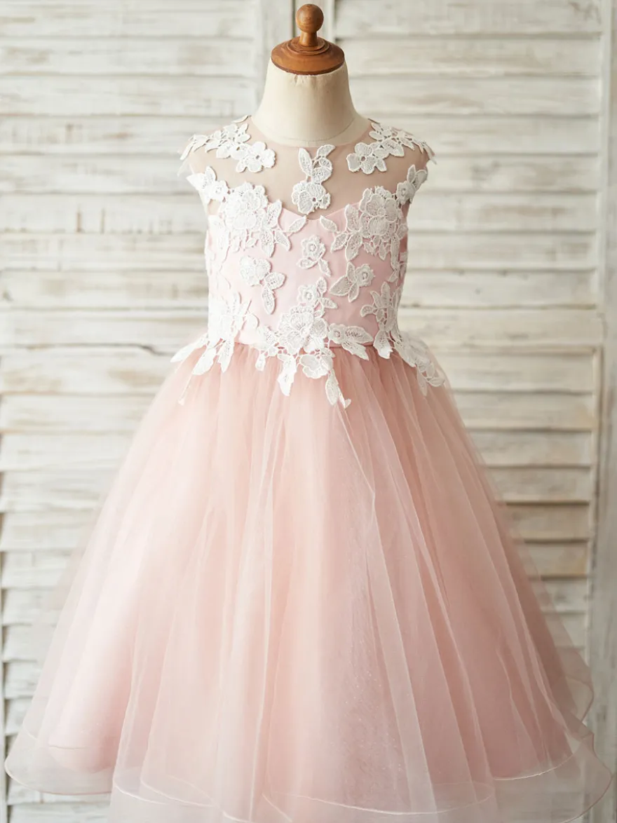 Robe fille de fleur bleu en tulle col rond transparent boutonné sur dos robe cortège enfant
