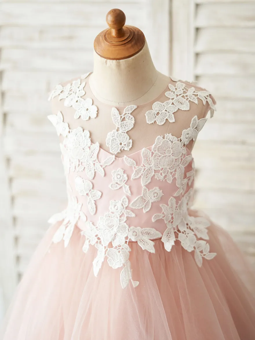 Robe fille de fleur bleu en tulle col rond transparent boutonné sur dos robe cortège enfant