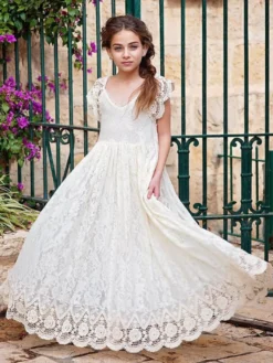 Robe fille de fleur bohémienne ivoire en dentelle noeud sur dos robe cortège enfant