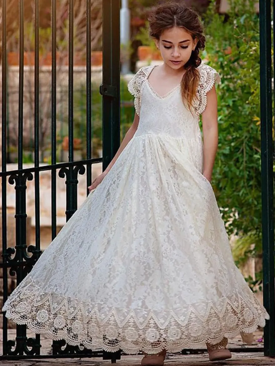 Robe fille de fleur bohémienne ivoire en dentelle noeud sur dos robe cortège enfant