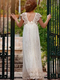 Robe fille de fleur bohémienne ivoire en dentelle noeud sur dos robe cortège enfant