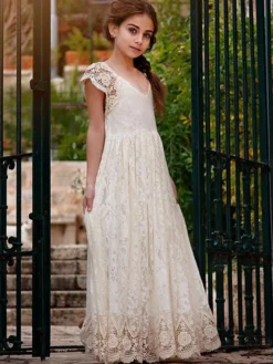 Robe fille de fleur bohémienne ivoire en dentelle noeud sur dos robe cortège enfant