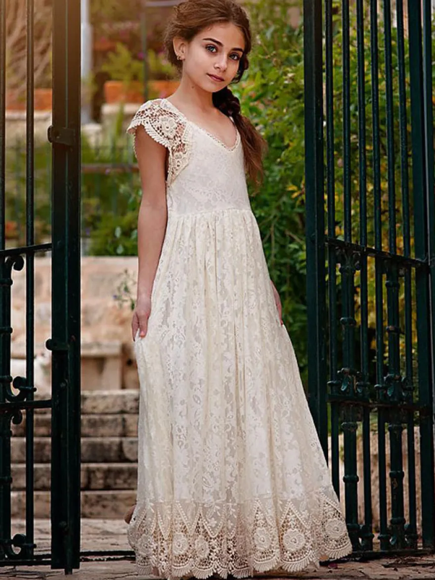 Robe fille de fleur bohémienne ivoire en dentelle noeud sur dos robe cortège enfant