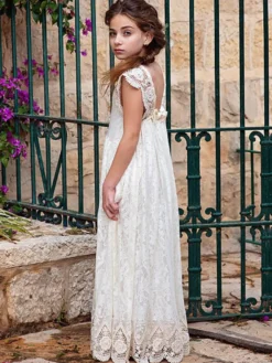 Robe fille de fleur bohémienne ivoire en dentelle noeud sur dos robe cortège enfant