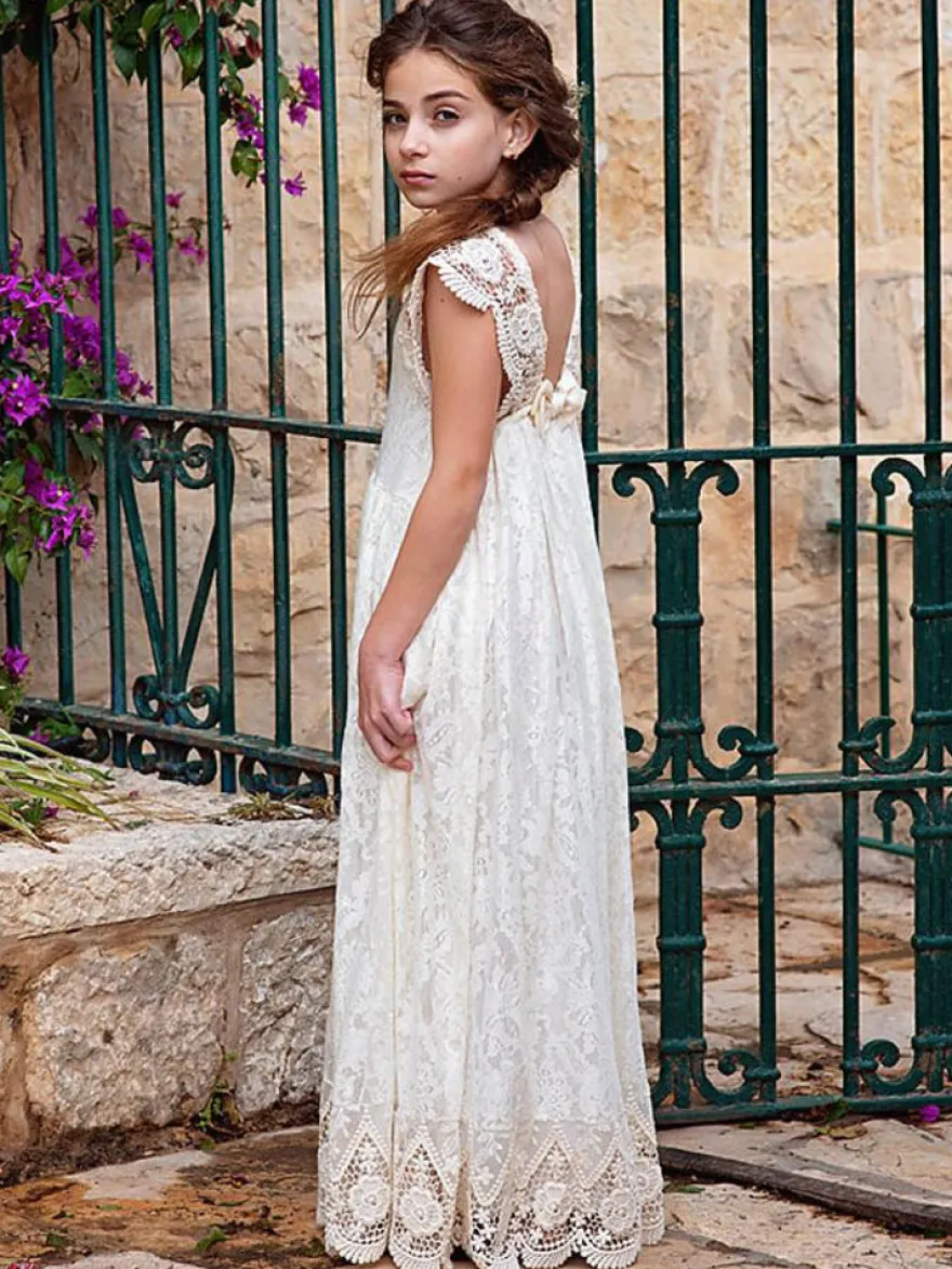 Robe fille de fleur bohémienne ivoire en dentelle noeud sur dos robe cortège enfant