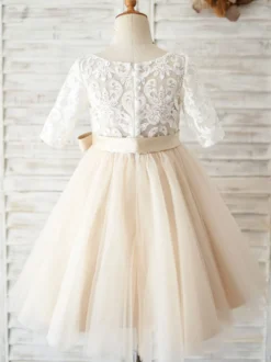 Robe fille de fleur champagne col rond manche courte en dentelle décoré de noeud jupe en tulle bouton sur dos robe cortège enfant