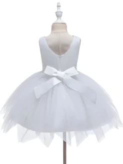 Robe fille de fleur champagne en tulle col rond décoré des perles robe fille cérémonie