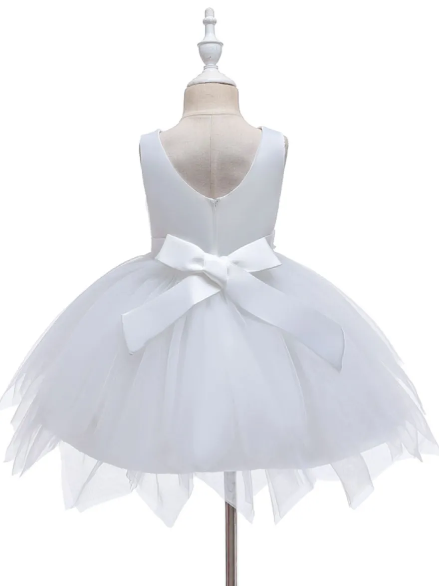 Robe fille de fleur champagne en tulle col rond décoré des perles robe fille cérémonie