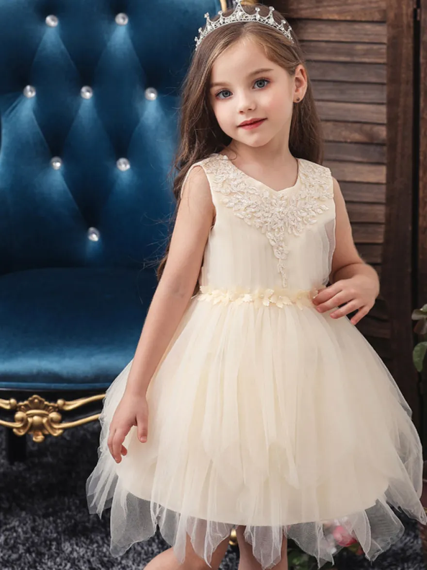 Robe fille de fleur champagne en tulle col rond décoré des perles robe fille cérémonie