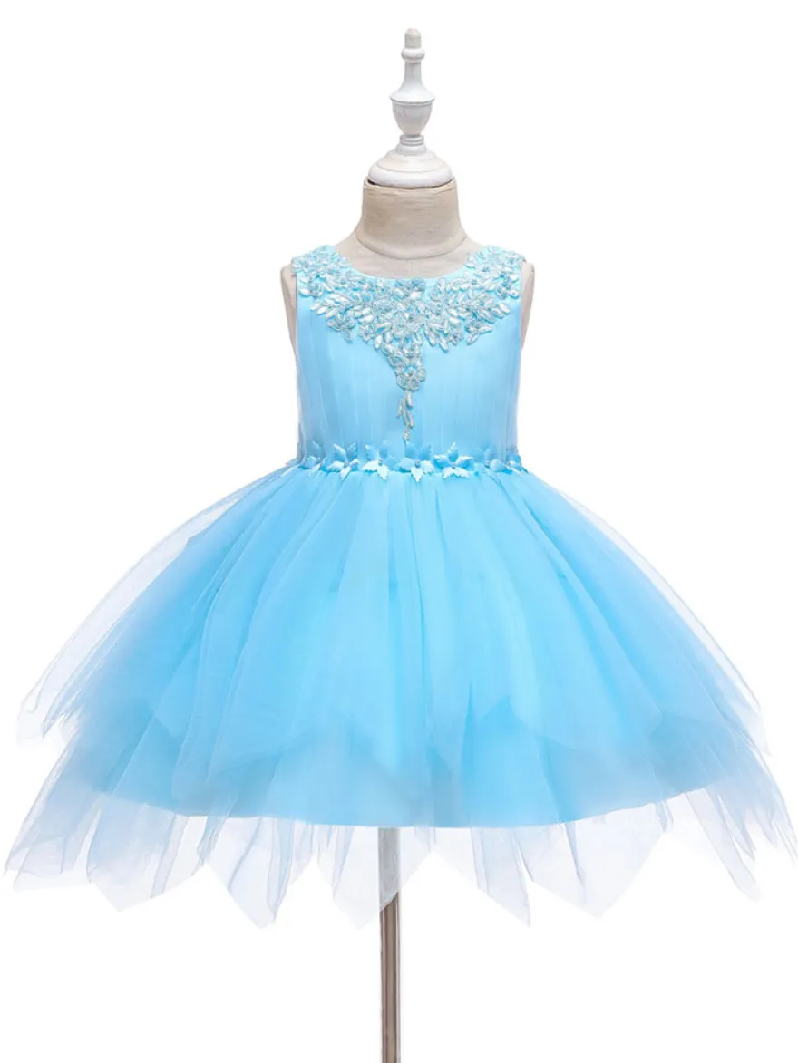 Robe fille de fleur champagne en tulle col rond décoré des perles robe fille cérémonie