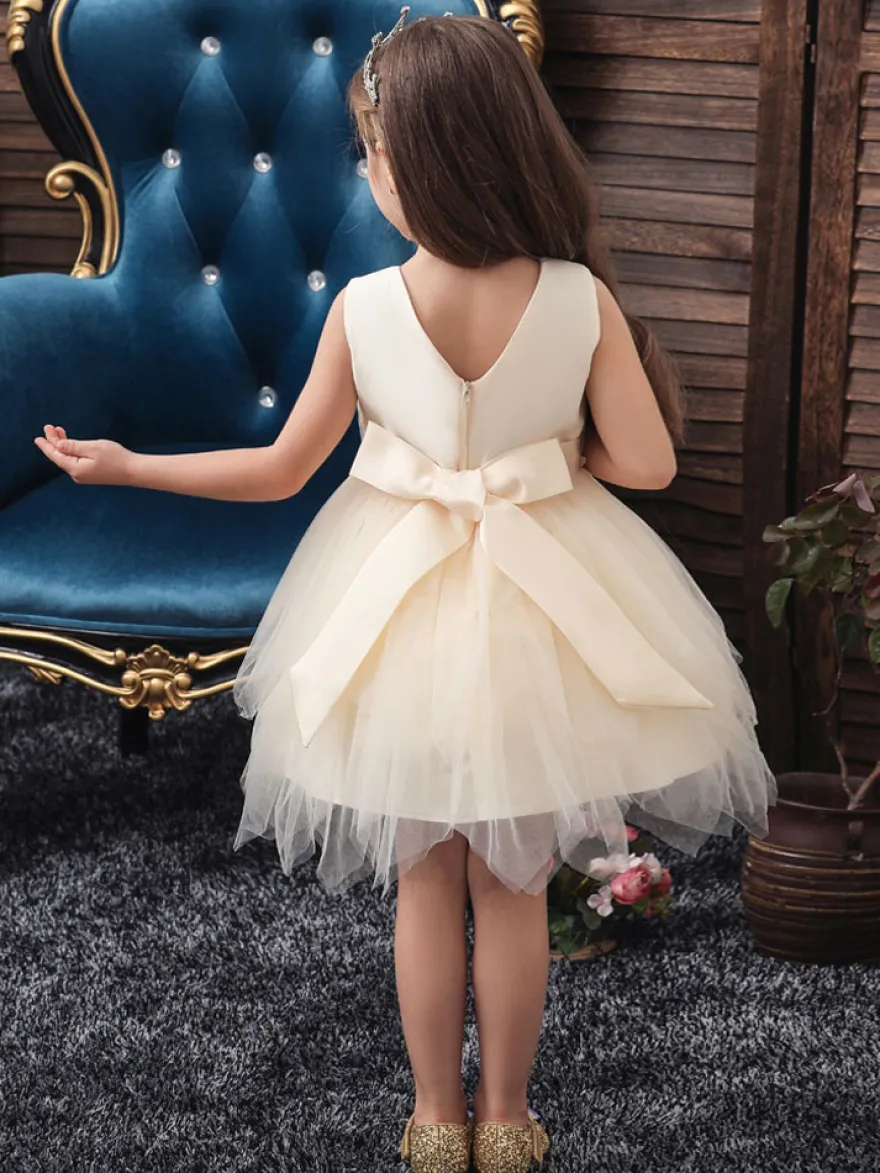 Robe fille de fleur champagne en tulle col rond décoré des perles robe fille cérémonie