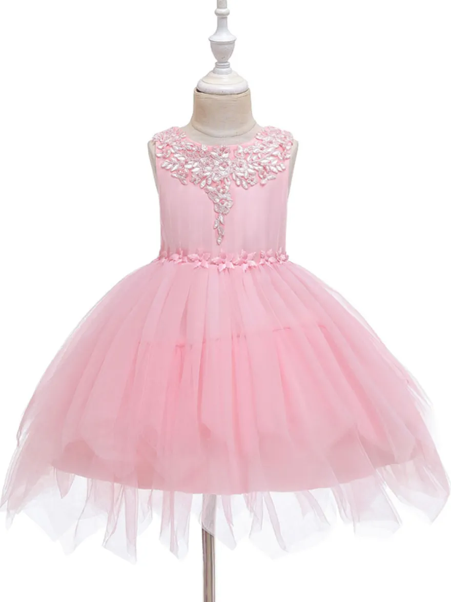 Robe fille de fleur champagne en tulle col rond décoré des perles robe fille cérémonie