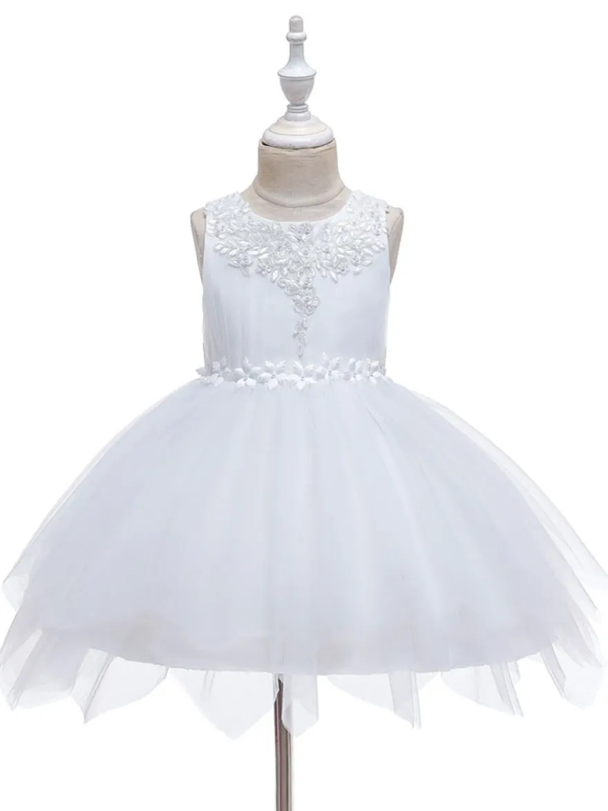 Robe fille de fleur champagne en tulle col rond décoré des perles robe fille cérémonie