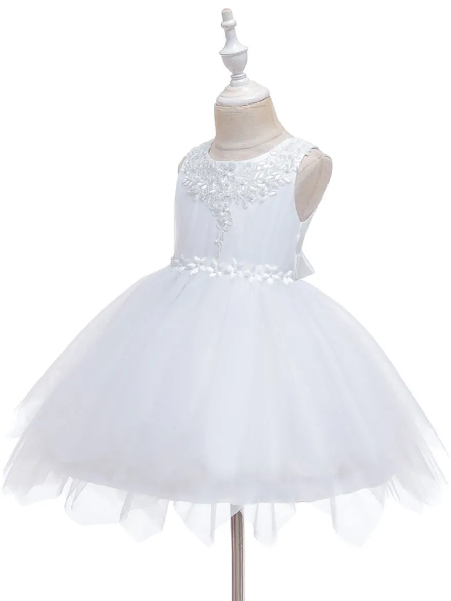Robe fille de fleur champagne en tulle col rond décoré des perles robe fille cérémonie