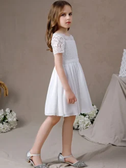 Robe fille de fleur robe cortège enfant robe cérémonie fille col rond manche courte au genou