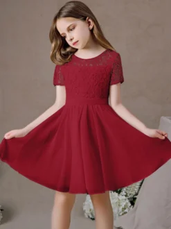 Robe fille de fleur robe cortège enfant robe cérémonie fille col rond manche courte au genou